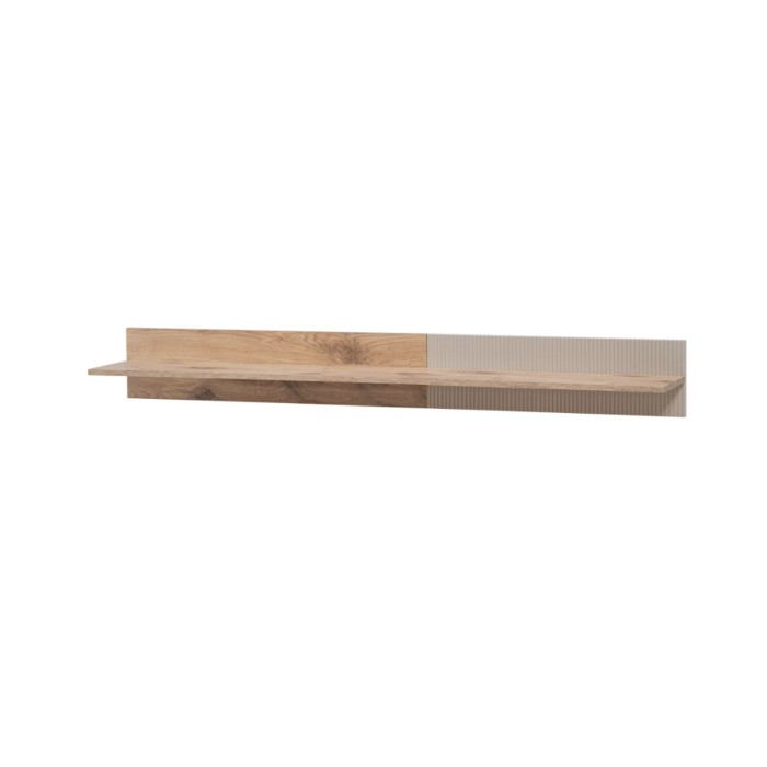 Set da salotto ERINA – Vetrina, mobile TV, mensola a muro e credenza alta – Rovere chiaro e beige