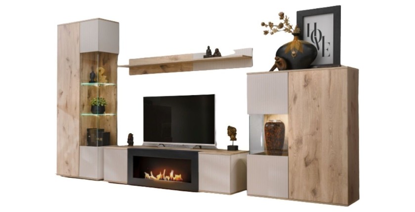 Composition murale ERINA – Vitrine, meuble TV avec cheminée bio-éthanol, étagère murale et buffet haut – Chêne clair et beige