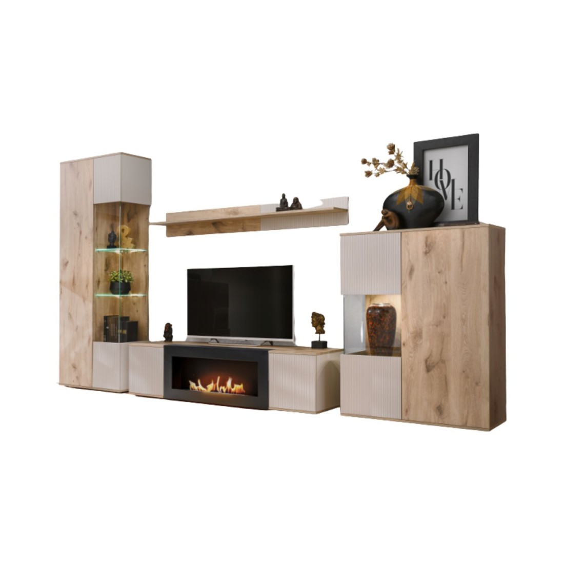 Composition murale ERINA – Vitrine, meuble TV avec cheminée bio-éthanol, étagère murale et buffet haut – Chêne clair et beige