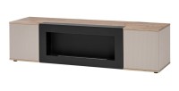Composition murale ERINA – Vitrine, meuble TV avec cheminée bio-éthanol, étagère murale et buffet haut – Chêne clair et beige