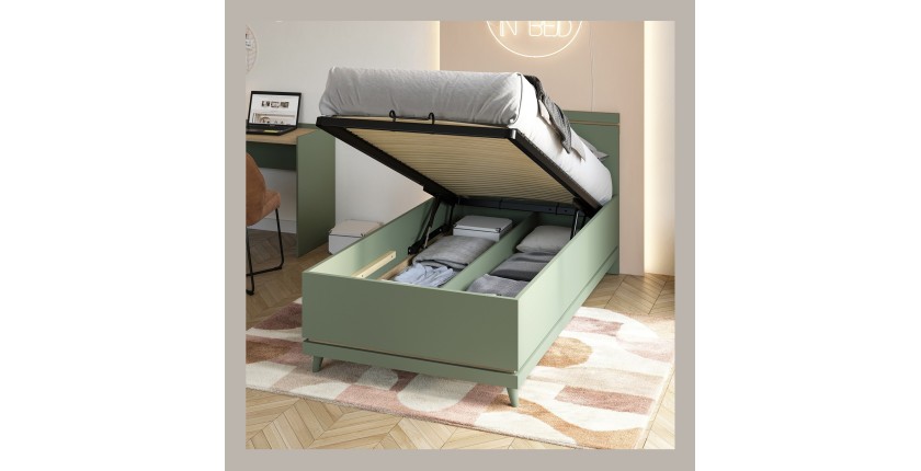 Lit coffre enfant NOKI – 100x200 cm vert et bois – Style scandinave