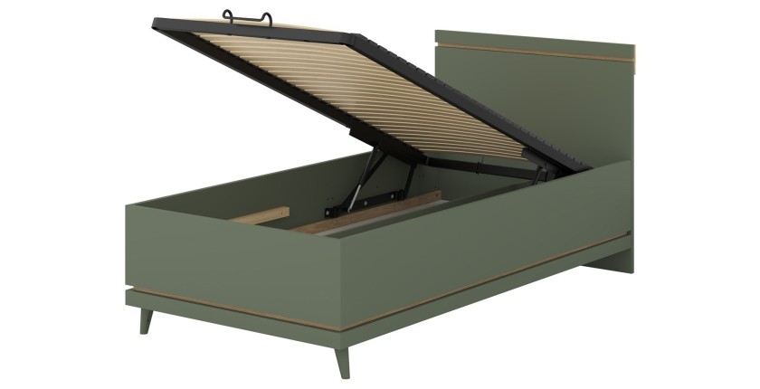 Lit coffre enfant NOKI – 100x200 cm vert et bois – Style scandinave