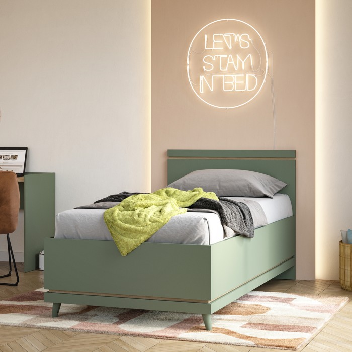 Lit coffre enfant NOKI – 100x200 cm vert et bois – Style scandinave
