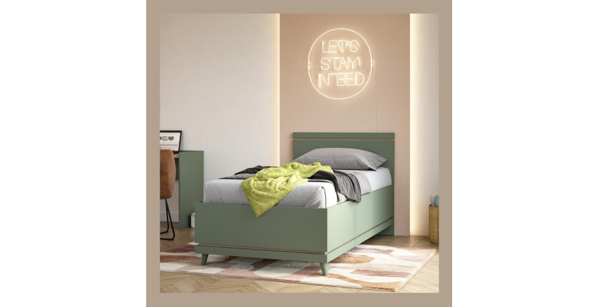 Lit coffre enfant NOKI – 100x200 cm vert et bois – Style scandinave