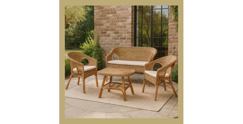 Tuinset van rotan collectie SIENNE - Bank met 2 zitplaatsen, 2 stoelen en tafel - Natuurlijke elegantie en comfort