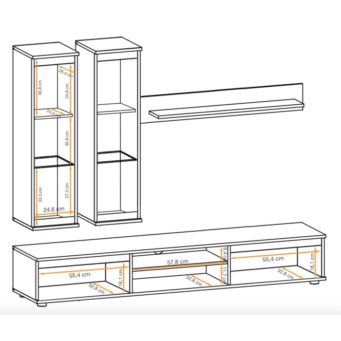 Composition murale DOMO – Meuble TV, 2 hangende vitrines en wandplank – Licht eiken en zwart