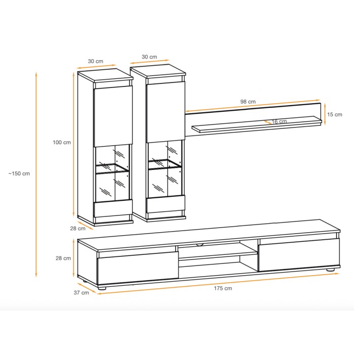 Composition murale DOMO – Meuble TV, 2 hangende vitrines en wandplank – Licht eiken en zwart