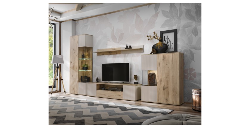 Buffet haut ERINA – 2 portes – Chêne clair et Beige – 90 cm