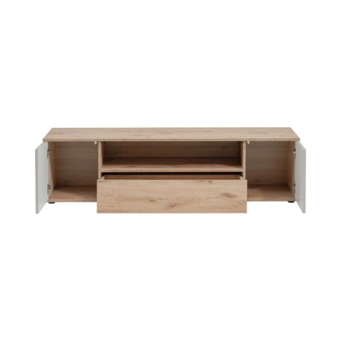 Möbelstück TV ERINA – 2 Türen und 1 Schublade – Helles Eichenholz und Beige – 160 cm