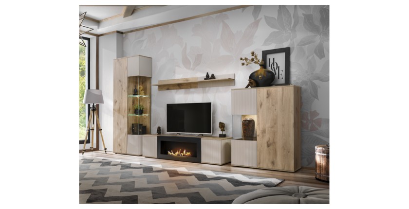 Meuble TV ERINA avec cheminée bio-éthanol intégrée dans un décor 3D
