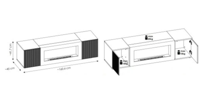 Meuble TV ERINA avec cheminée bio-éthanol intégrée - dimensions