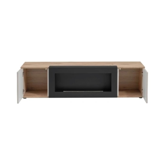 Mobile TV ERINA con camino bio-etanolo integrato – Rovere chiaro e beige – 160 cm