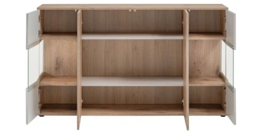 Buffet ERINA – 2 portes, 4 tiroirs – Chêne clair & beige