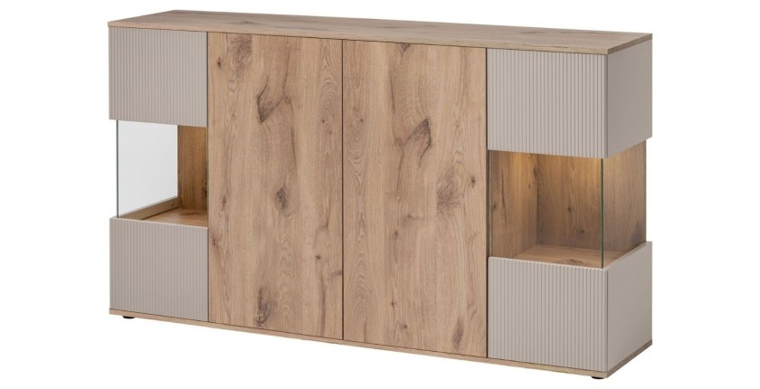 Buffet ERINA – 2 portes, 4 tiroirs – Chêne clair & beige