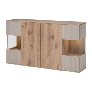 Buffet ERINA – 2 portes, 4 tiroirs – Chêne clair & beige