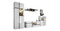 Salon complet CRISS 4 meubles blanc brillant et chêne avec LED