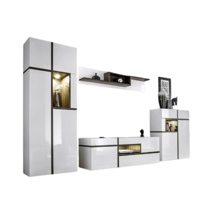 Salon complet CRISS 4 meubles blanc brillant et chêne avec LED