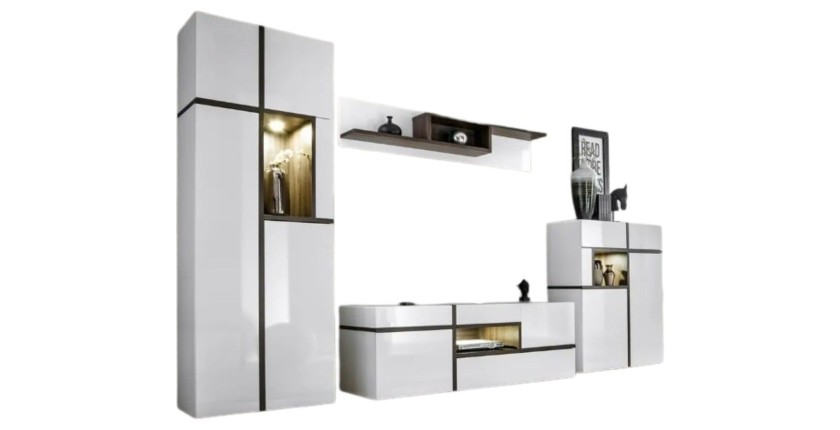 Set 4 mobili da salotto collezione CRISS con LED integrati. Colore bianco e finiture in rovere.