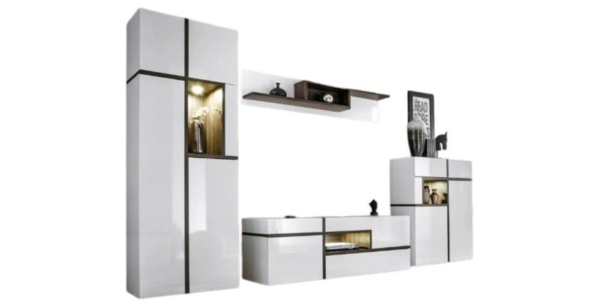 Salon complet CRISS 4 meubles blanc brillant et chêne avec LED