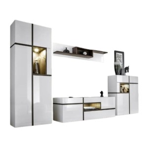 Set 4 mobili da salotto collezione CRISS con LED integrati. Colore bianco e finiture in rovere.