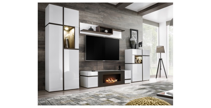 Meuble TV avec cheminée bio-éthanol blanc brillant CRISS dans un décor 3D