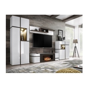 Meuble TV avec cheminée bio-éthanol blanc brillant CRISS dans un décor 3D