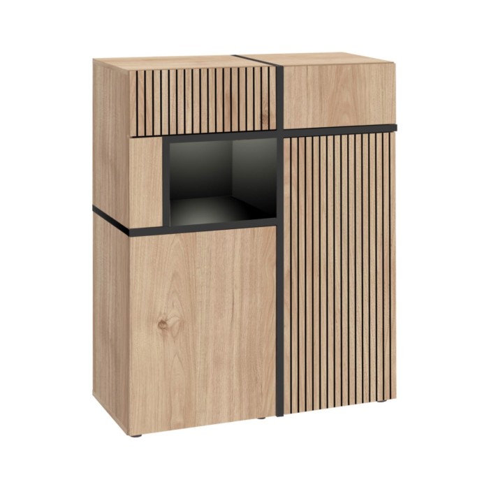 Conjunto de salón CRISS con chimenea bio-etanol – Roble claro y negro – Mueble para TV, vitrina, vitrina baja y estantería