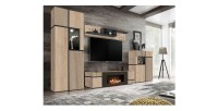 Meuble TV CRISS chêne clair et noir avec cheminée bio-éthanol intégrée dans un décor 3D