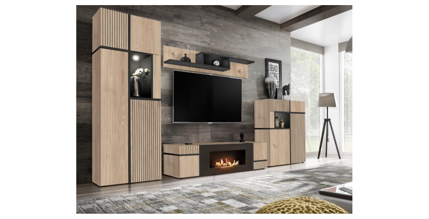 Meuble TV CRISS chêne clair et noir avec cheminée bio-éthanol intégrée dans un décor 3D