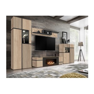 Meuble TV CRISS chêne clair et noir avec cheminée bio-éthanol intégrée dans un décor 3D
