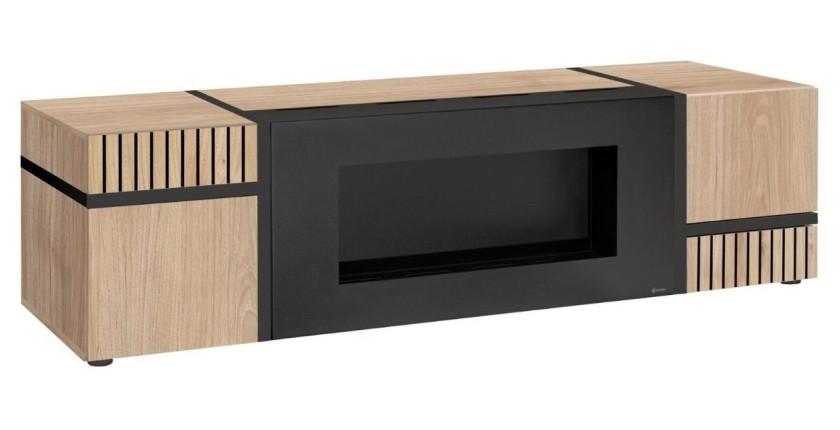 Meuble TV CRISS chêne clair et noir avec cheminée bio-éthanol intégrée