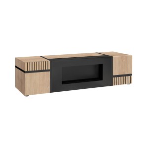 Meuble TV CRISS avec cheminée bio-éthanol – 2 portes – L150 cm – Chêne clair et noir