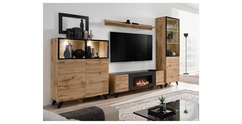 Meuble TV TINO avec cheminée bio-éthanol intégrée dans décor 3D