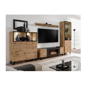 Meuble TV TINO avec cheminée bio-éthanol intégrée dans décor 3D