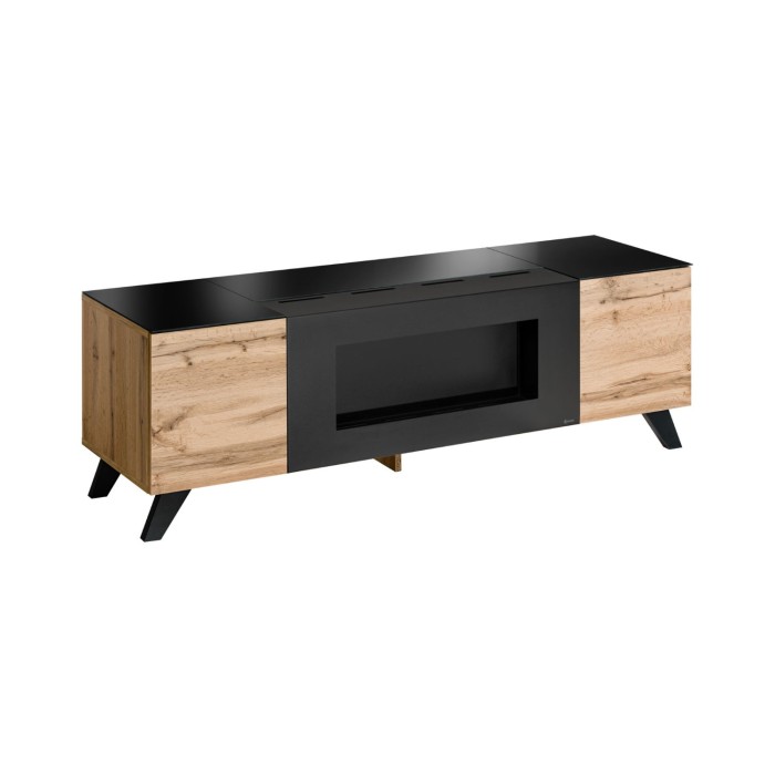 Conjunto de salón TINO con chimenea de bioetanol – Roble oscuro y negro – L340 cm