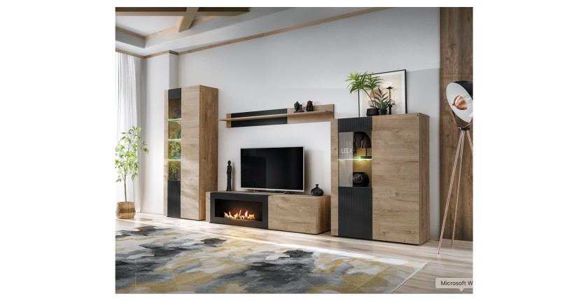 Meuble TV DOUM avec cheminée bio-éthanol intégrée mis en situation dans un décor 3D
