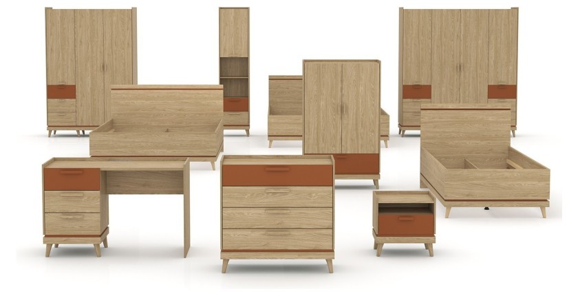 Lit coffre enfant NOKI – 100x200 cm chêne clair et moka – Style scandinave avec sommier métal