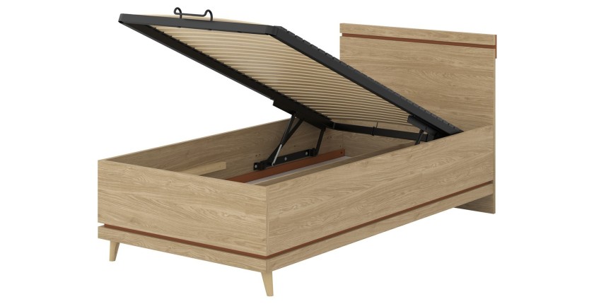 Lit coffre enfant NOKI – 100x200 cm chêne clair et moka – Style scandinave avec sommier métal