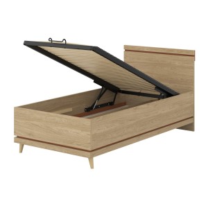 Lit coffre enfant NOKI – 100x200 cm chêne clair et moka – Style scandinave avec sommier métal