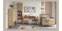 Lit coffre enfant NOKI – 100x200 cm chêne clair et moka – Style scandinave avec sommier métal