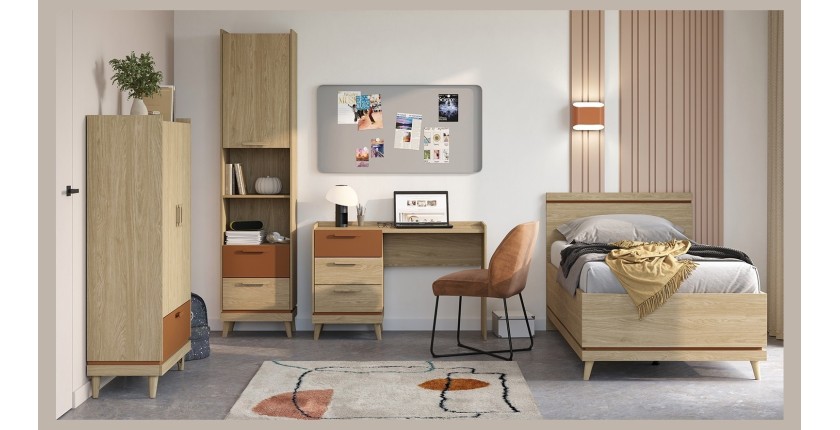 Lit coffre enfant NOKI – 100x200 cm chêne clair et moka – Style scandinave avec sommier métal