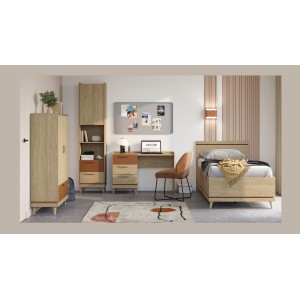 Lit coffre enfant NOKI – 100x200 cm chêne clair et moka – Style scandinave avec sommier métal