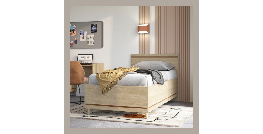 Lit coffre enfant NOKI – 100x200 cm chêne clair et moka – Style scandinave avec sommier métal