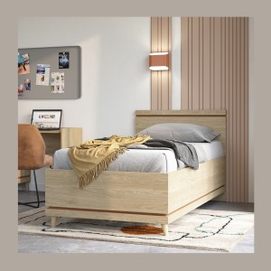 Lit coffre enfant NOKI – 100x200 cm chêne clair et moka – Style scandinave avec sommier métal