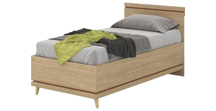 Lit coffre enfant NOKI – 100x200 cm chêne clair et moka – Style scandinave avec sommier métal