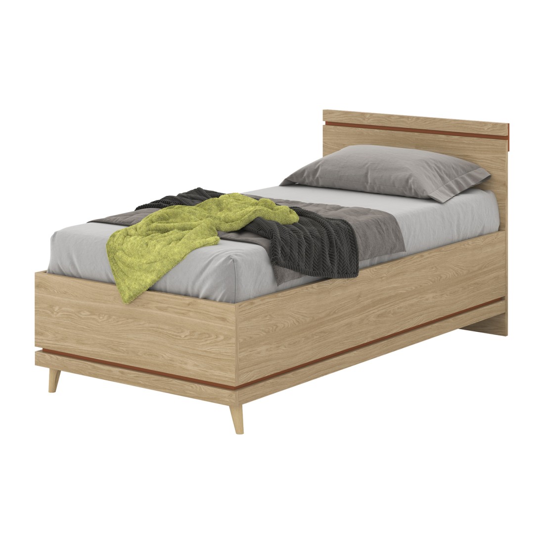 Lit coffre enfant NOKI – 100x200 cm chêne clair et moka – Style scandinave avec sommier métal