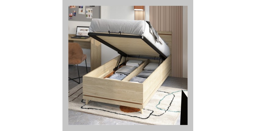 Lit coffre enfant NOKI – 100x200 cm chêne clair et moka – Style scandinave avec sommier métal
