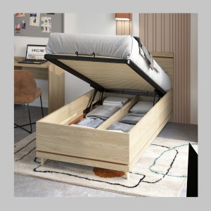 Lit coffre enfant NOKI – 100x200 cm chêne clair et moka – Style scandinave avec sommier métal