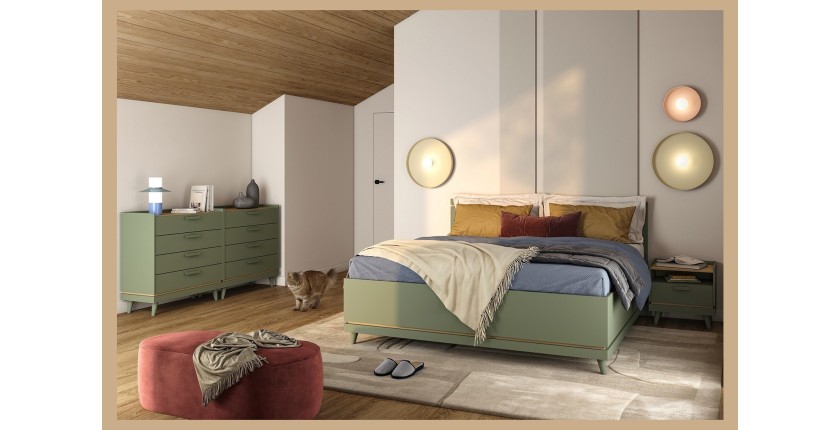 Lit + sommier NOKI – 160x200 cm vert et bois – Style scandinave