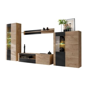 Ensemble DOUM vitrine, buffet haut, meuble TV et étagère sur fond blanc